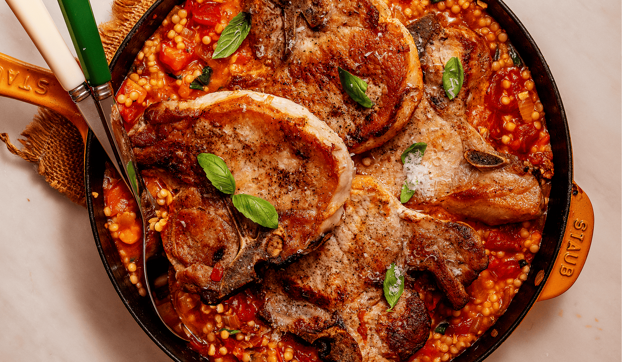 Pan Seared, Oven Roasted Thick-cut Pork Chops with Spicy Tomato Pan Sauce