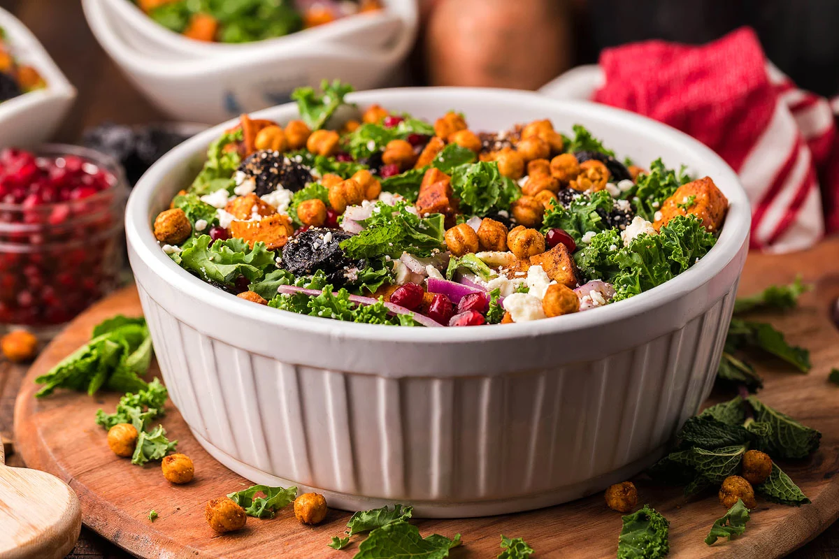 Kale Salad with Sweet Potatoes and Pomegranate Vinaigrette