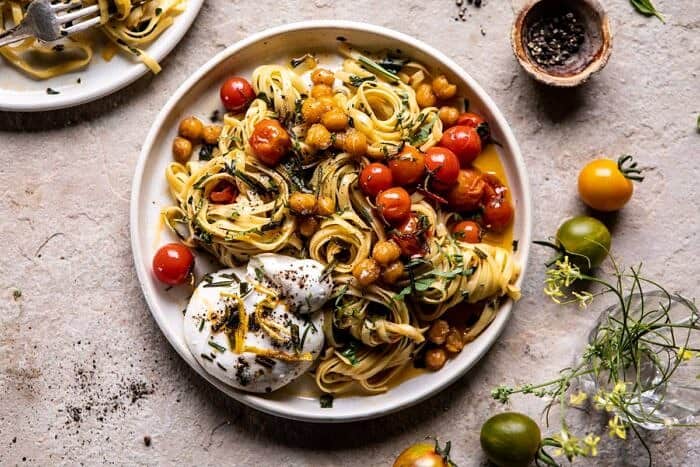 Cherry Tomato Pasta with Crispy Chickpeas