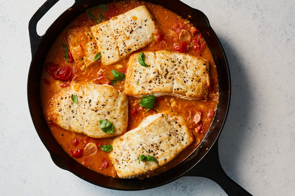 Pan Seared White Fish with Spicy Tomato Pan Sauce